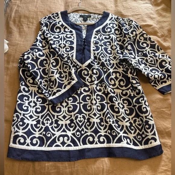 St Tropez West Linen Navy and White Patterned Women's popover top - Picture 5 of 11
